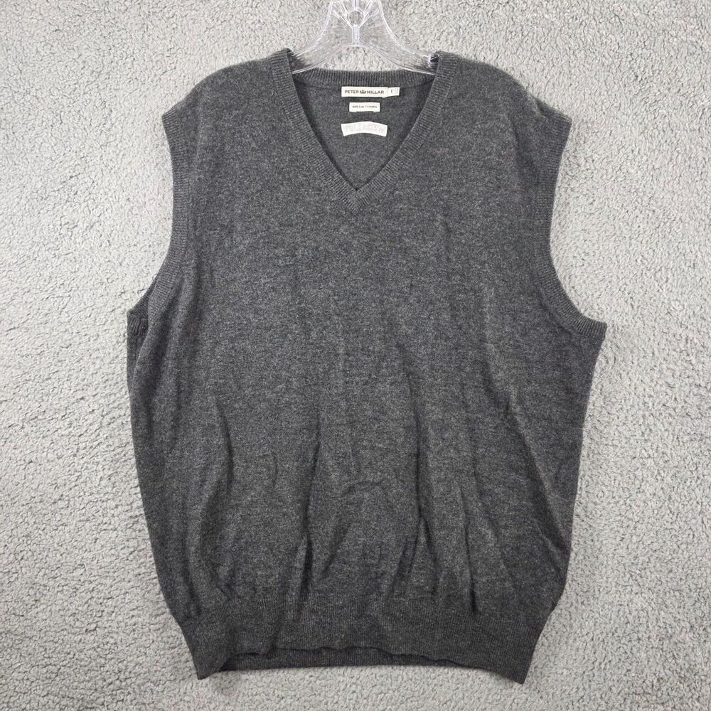 Peter Millar Men's 100% Cashmere Sweater V-Neck Vest Gray Medalist Logo Size L